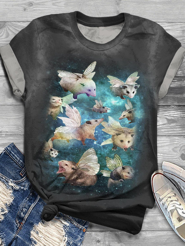 Starry Sky Possum Fairy Print Crew Neck T-shirt