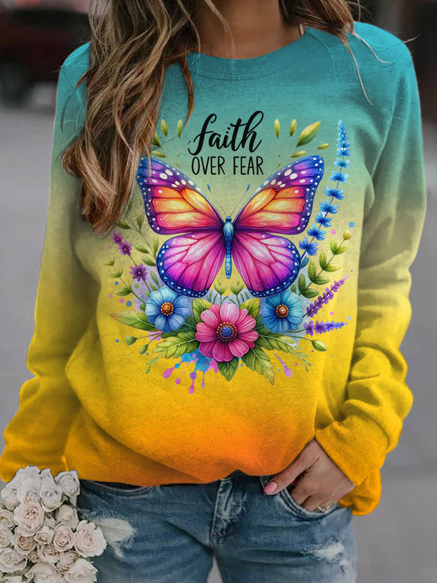 Faith Over Fear Christian Butterfly Printed Long Sleeve Casual Top