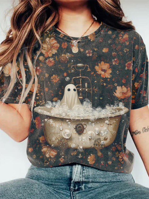 Women's Retro Ghost Flowers Crew Neck T-shirt