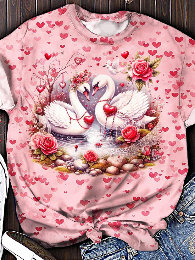 Women's Valentine's Day White Swan Print Crew Neck T-shirt