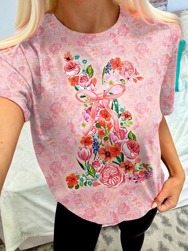 Bunny Easter Floral Print Crew Neck T-shirt