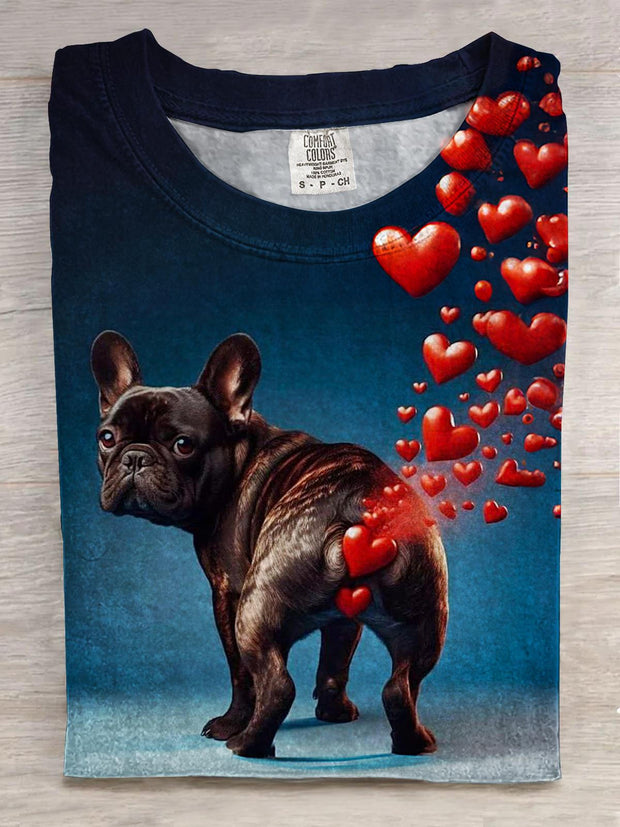 Fun Valentine's Day Heart Farting Puppy Print Crew Neck T-shirt