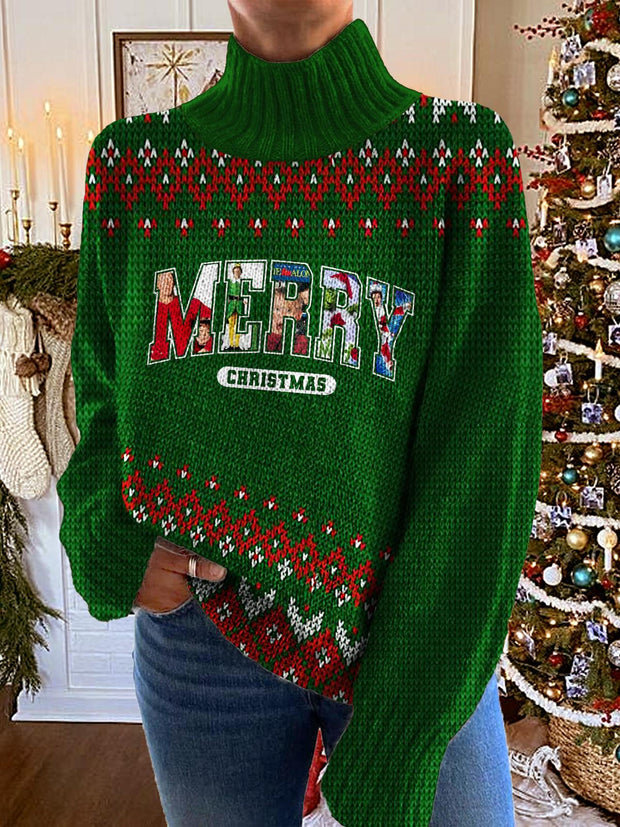 Women's Merry Christmas Green Pattern Turtleneck Fleece Sweatshirt