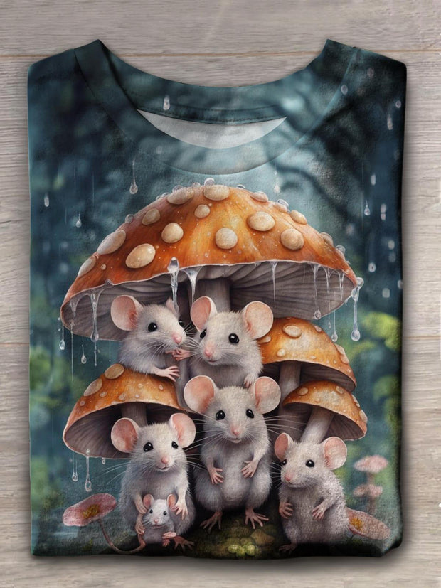 Women's Cute Mouse Mushroom Rain Print Casual T-shirt