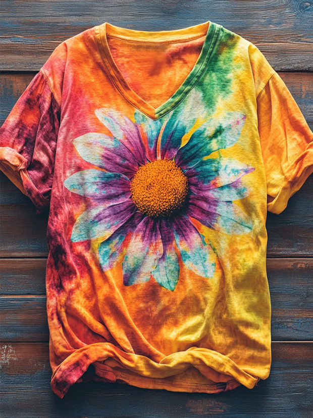 Hippie Tie Dye Daisy Art V Neck T-shirt