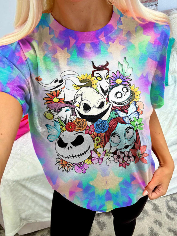 Jack Skellington And Sally Halloween Horror Print Crew Neck T-shirt