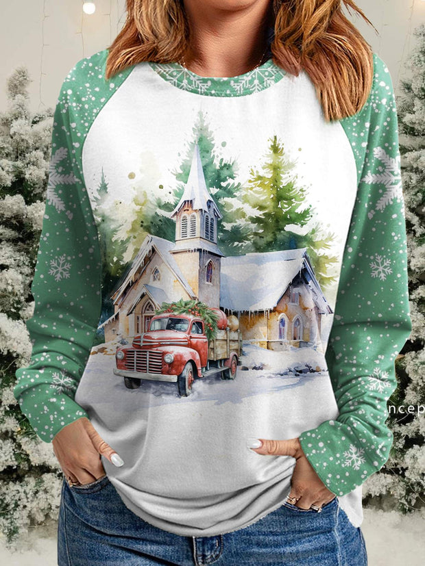 Christmas Truck Watercolor Long Sleeve Casual Top