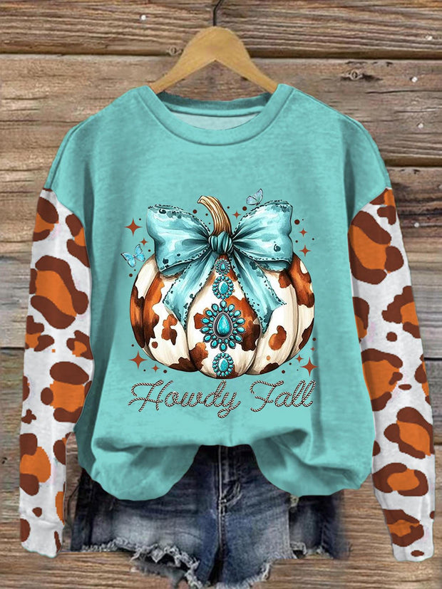 Women's Western Pumpkin Round Neck Long Sleeve Top