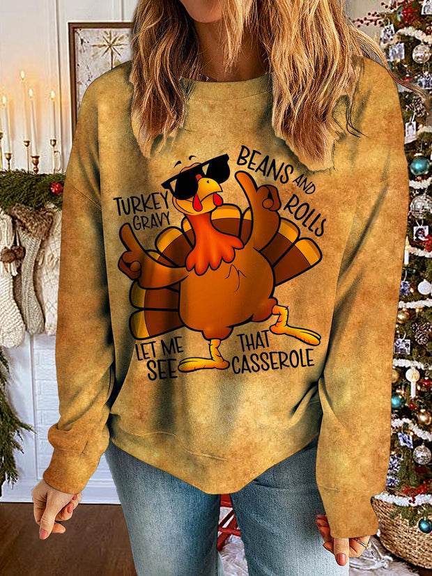 Thanksgiving Turkey Printed Long Sleeve Casual Top