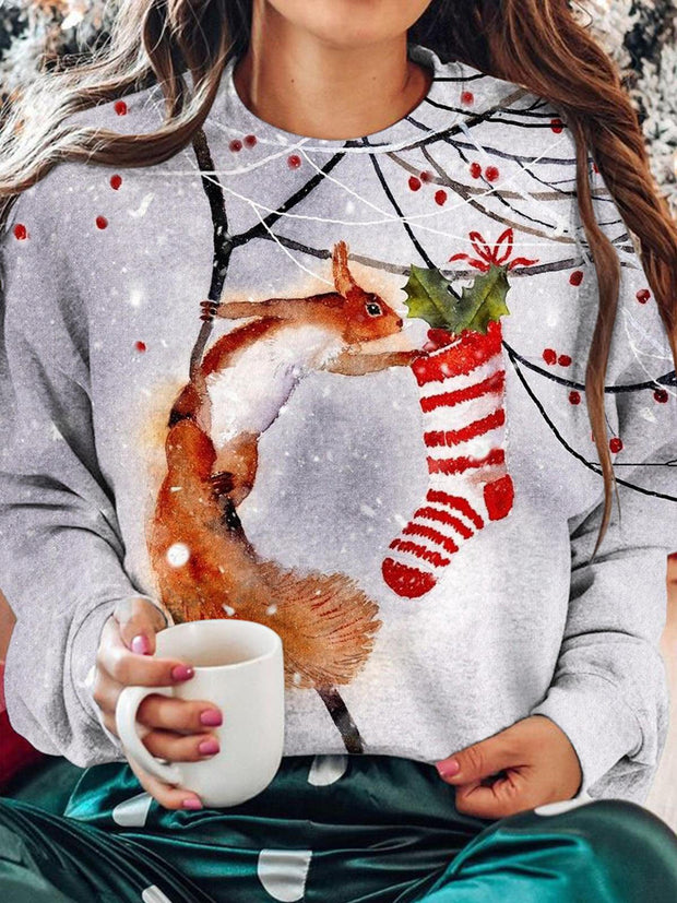 Women's Christmas Squirrel Gift Print Long Sleeve Top