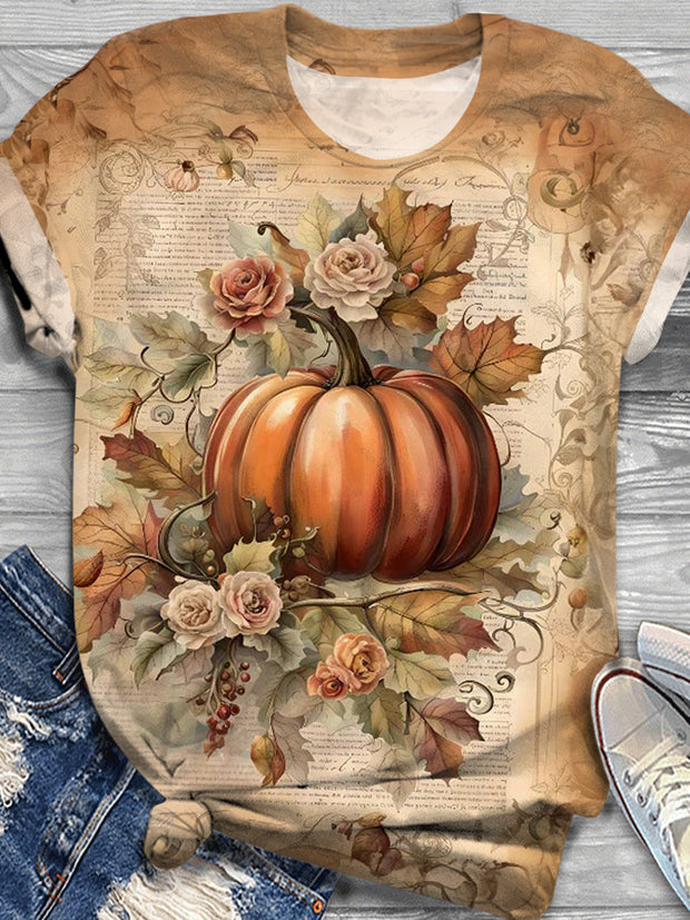 Autumn Pumpkin Floral Rice Crew Neck T-shirt