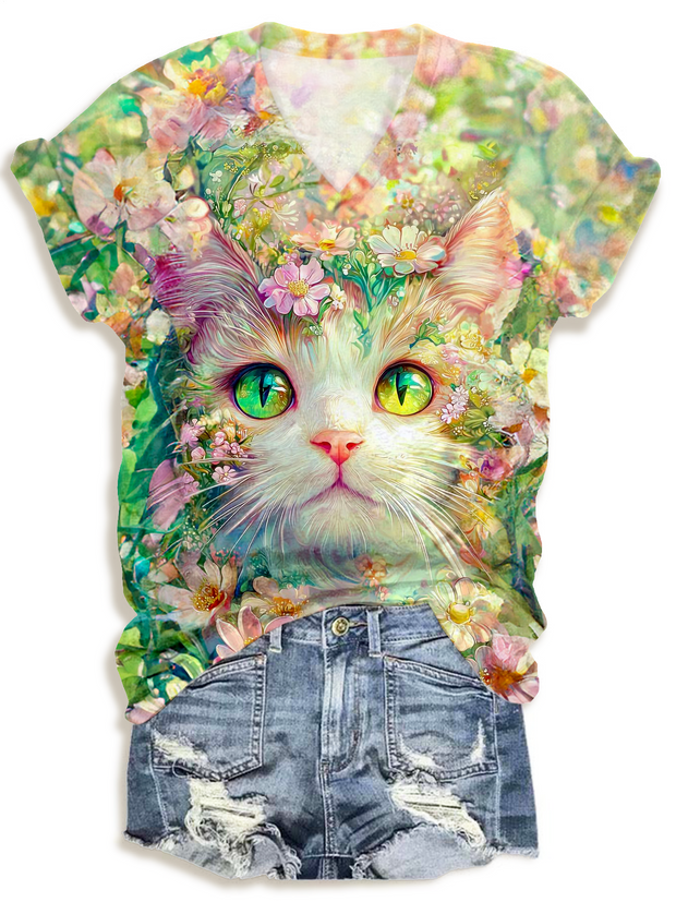 Beauty Nicely Ethereal Floral Cat Art V-neck T-Shirt