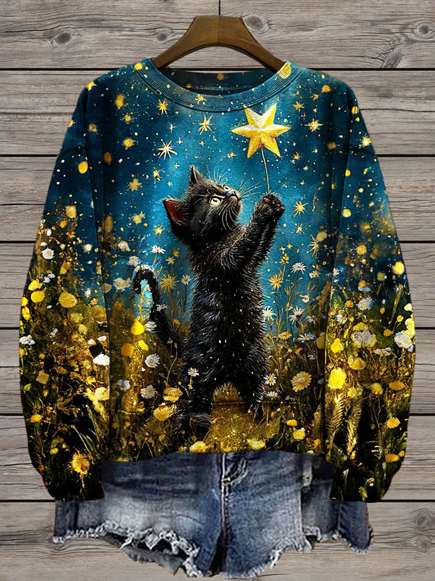 Women's Star Cat Printed Long Sleeve Casual Top