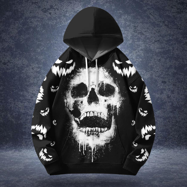 Halloween Skull Print Long Sleeve Hooded Pocket Sweatshirt