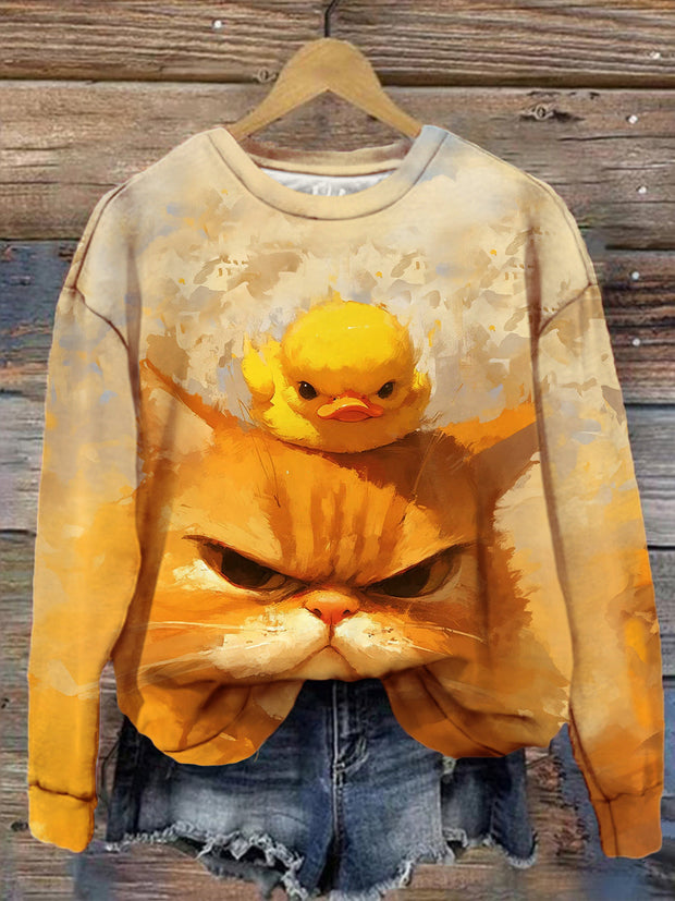 Women's Cute Cat And Duck Fun Creative Print Loose Casual Top