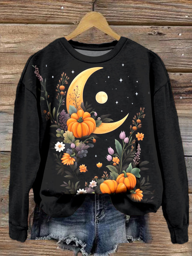 Women's Dark Night Moon Pumpkin Flower Printed Sweatshirt