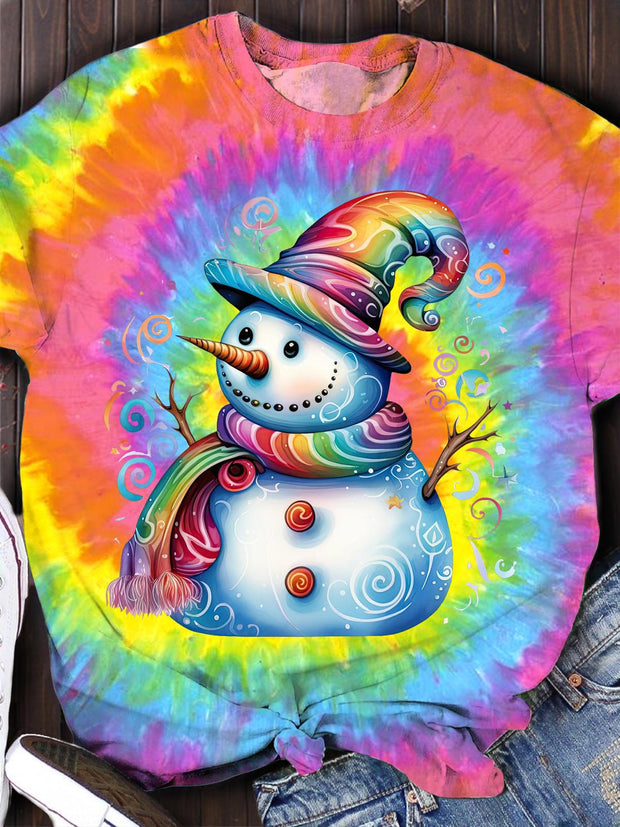 Colorful Snowman Season Christmas Crew Neck T-shirt