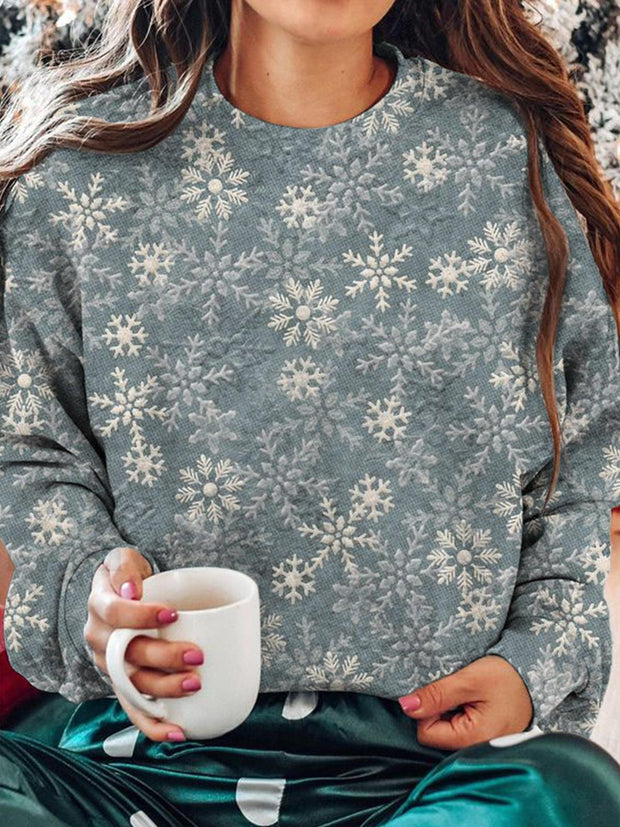 Women's Snow Scene Snowflake Retro Print Round Neck Casual Long Sleeve Top