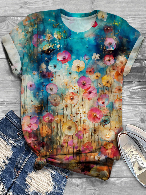 Women's Cute Floral Print Crew Neck Casual Vacation T-Shirt