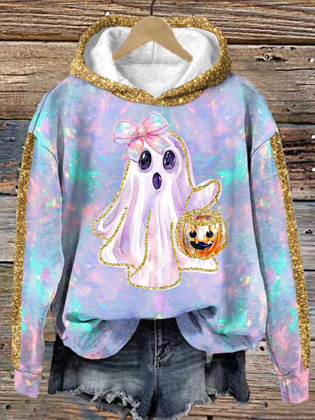 Women's Halloween Ridescent Peeping Ghost Pumpkin Long Sleeve Printed Hoodie