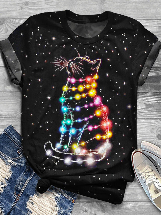 Light Up Cat Printed Crew Neck T-shirt