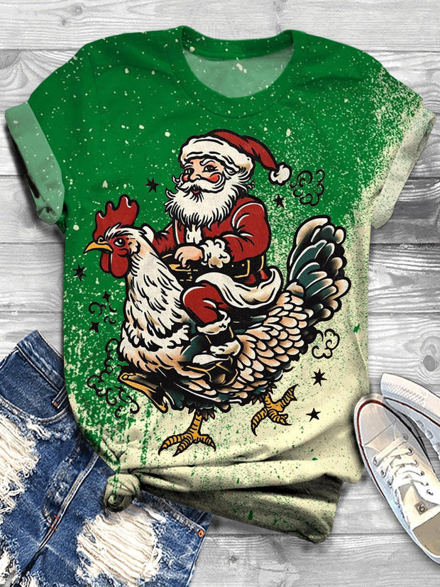 Santa Claus Rides Cock Crew Neck T-shirt