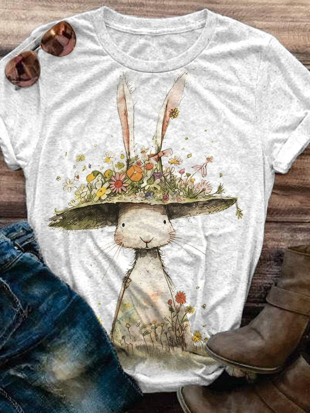 Funny Rabbit Flower Illustration Crew Neck T-shirt