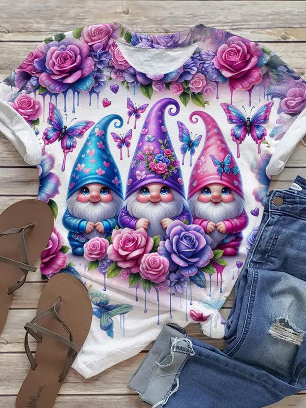 Cute Gnome Valentine Flower Crew Neck T-shirt