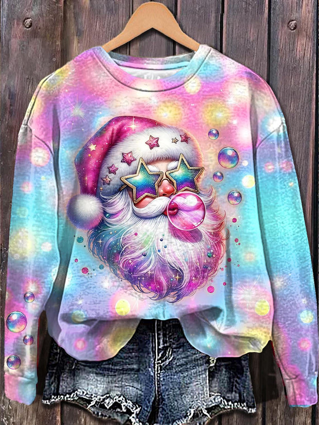 Colorful Santa Claus Printed Long Sleeve Casual Top