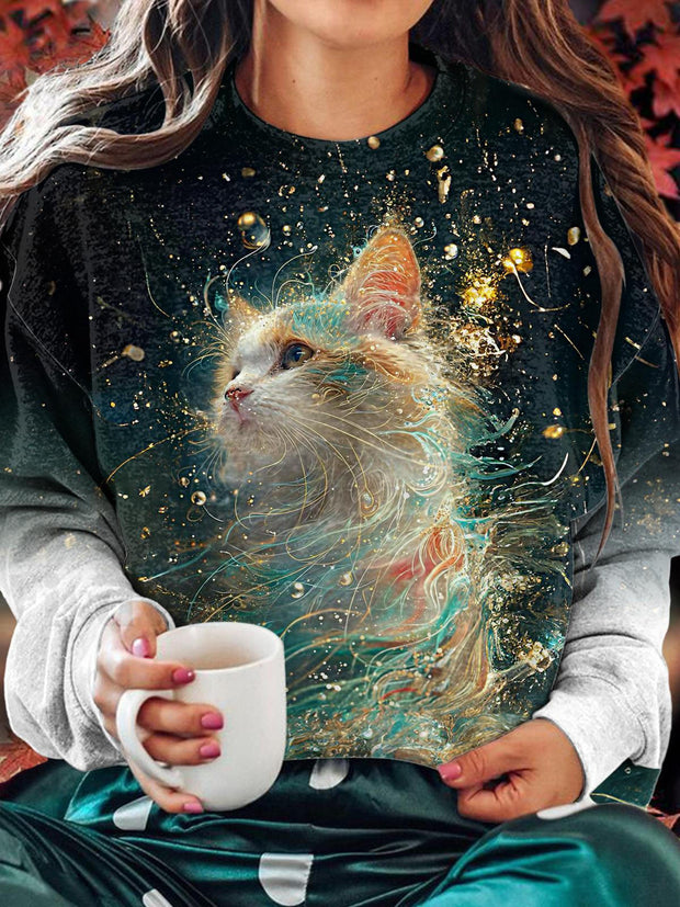 Women's Winter Starlight Cat Print Crew Neck Casual Sweatshirt