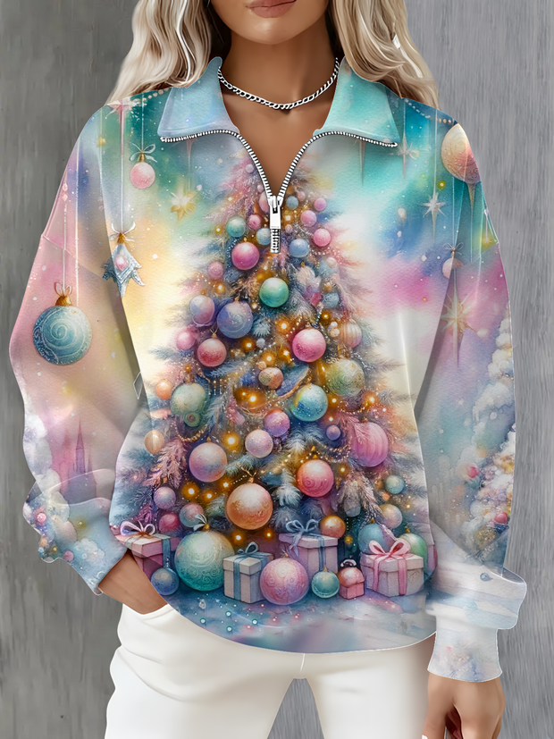Colorful Christmas Tree Long Sleeve Zipper Sweatshirt