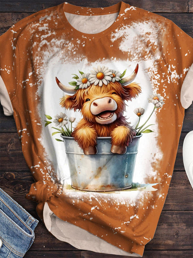 Cute Highland Cow Printed Crew Neck T-shirt