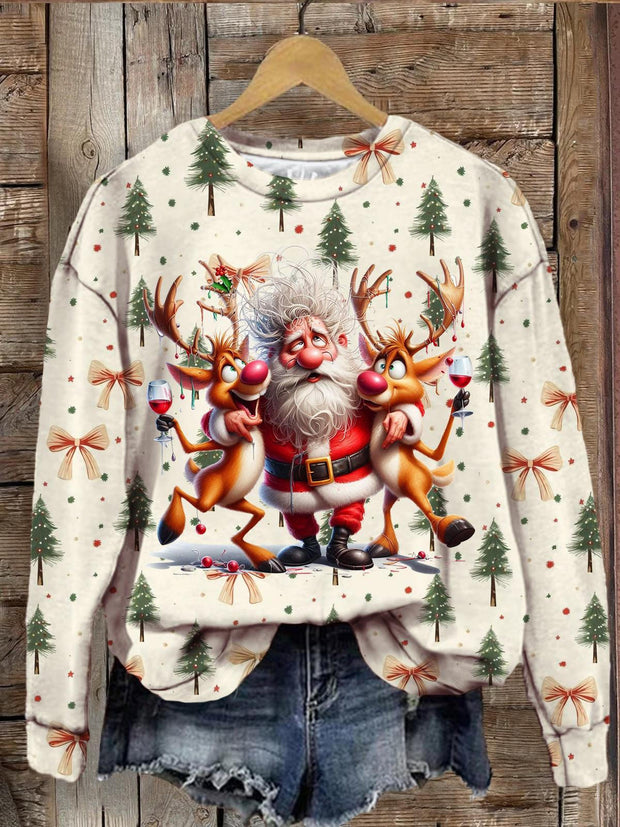 Crazy Santa Elk Wine Print Long Sleeve Top