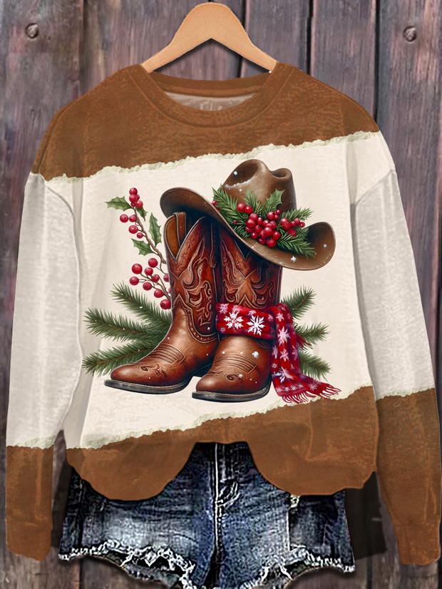 Western Christmas Printed Long Sleeve Casual Top