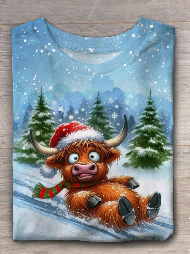 Women's Funny Cow Christmas Crew Neck T-shirt