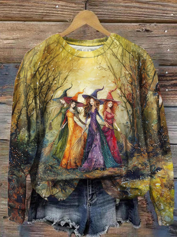 Women's Halloween Witch Forest Fluorescent Print Round Neck Long Sleeve Top