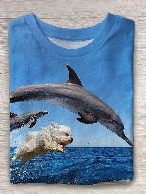 Funny Dolphin And Puppy Printed Crew Neck T-shirt