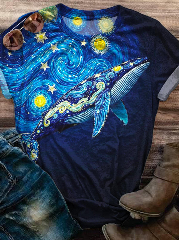 Retro Dream Whale Print Crew Neck T-shirt