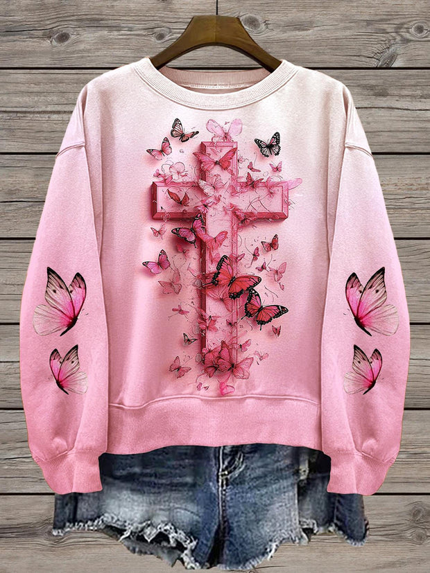 Women's Jesus Butterfly Cross Printed Long Sleeve Casual Top