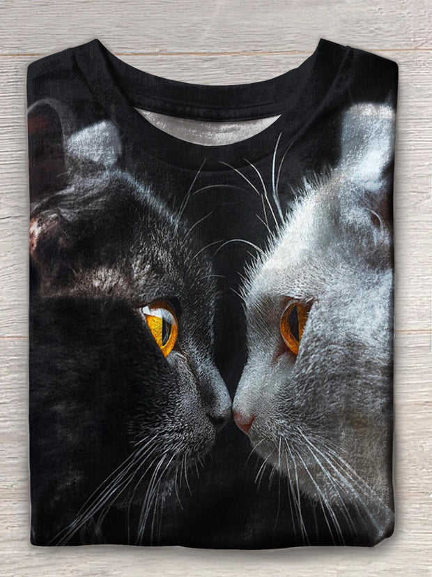 Cute Staring Cat Print Crew Neck T-shirt