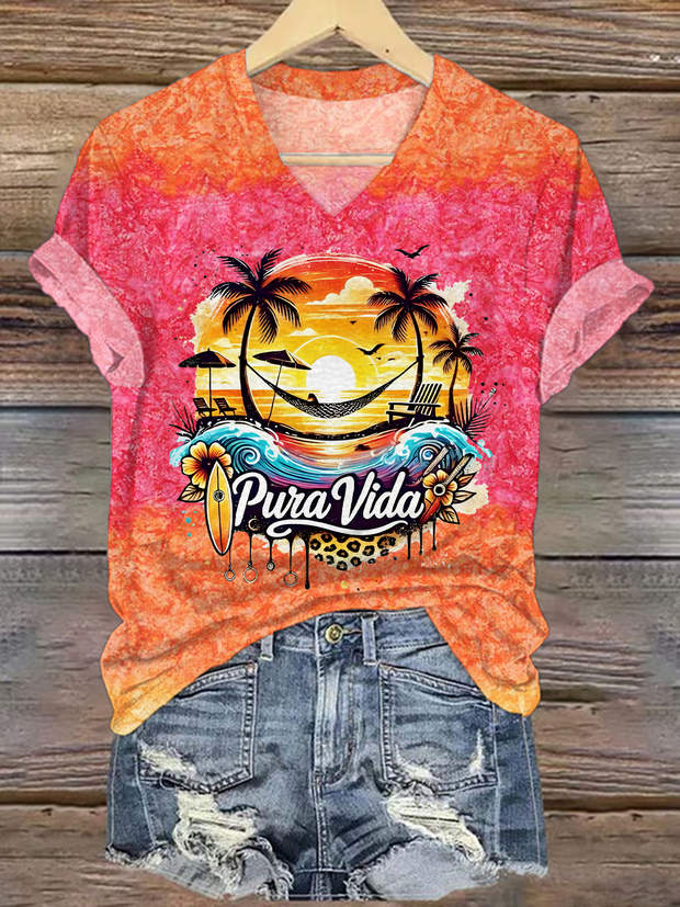 Tie-Dye Holiday Sunset Beach Vibes V-neck T-Shirt