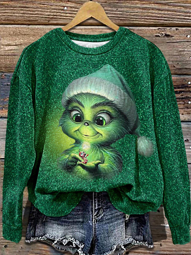 Women's Little Monster Green Christmas Print Crew Neck Casual Sweatshirt