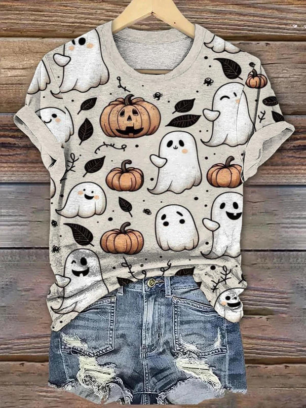 Halloween Cute Ghosts And Pumpkins Crew Neck T-shirt