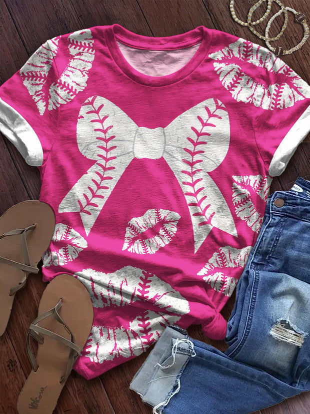 Women's Baseball Valentine's Day Printed Crew Neck T-shirt