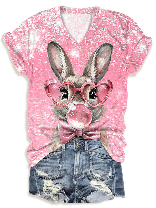 Pink Coquette Easter Bunny V-neck T-Shirt