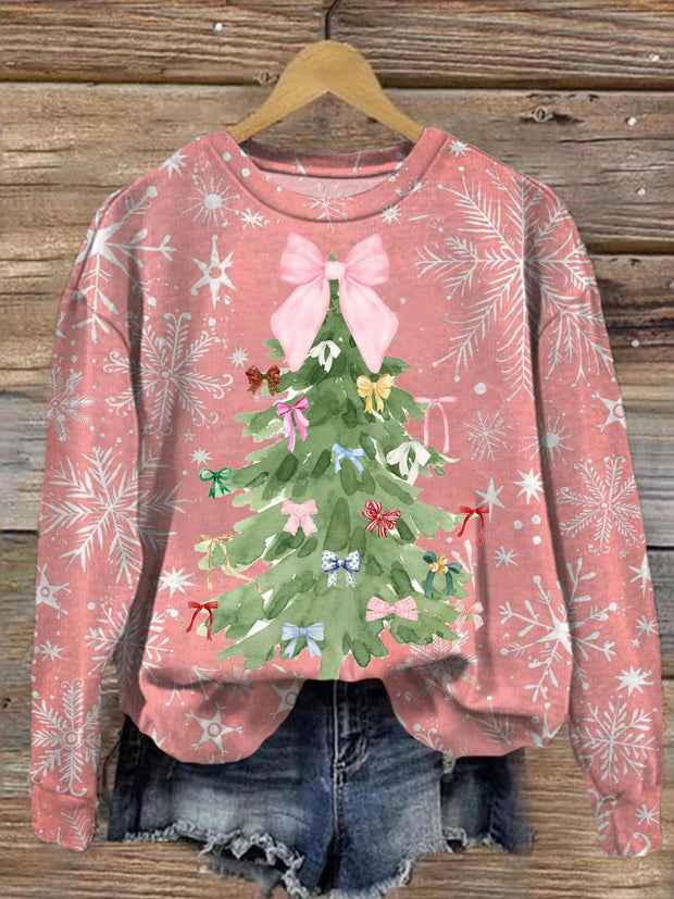 Christmas Tree Bow Printed Long Sleeve Casual Top