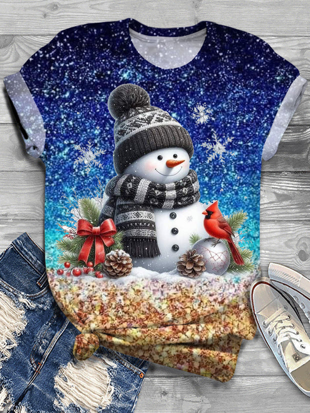 Cute Snowman And Cardinal Crew Neck T-shirt