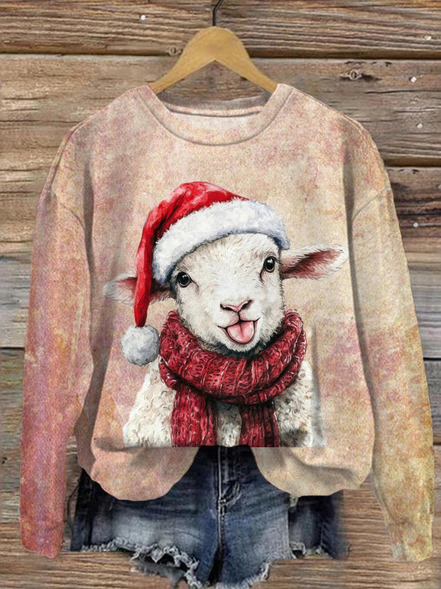 Cute Sheep Christmas Printed Long Sleeve Casual Top