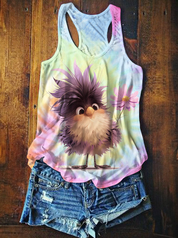 Tie Dye Floral Bird Print Casual Tank Top