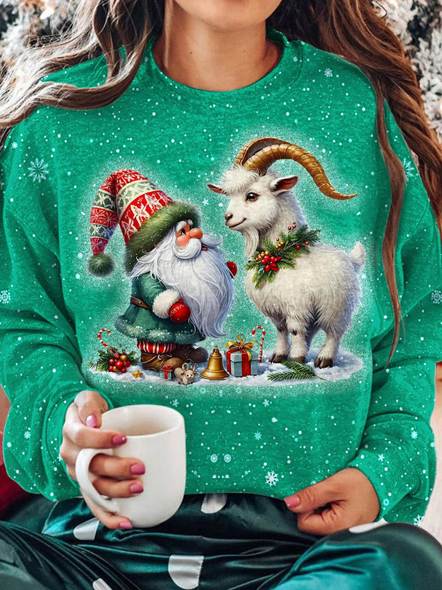 Women's Christmas Gnome Goat Printed Long Sleeve Casual Top